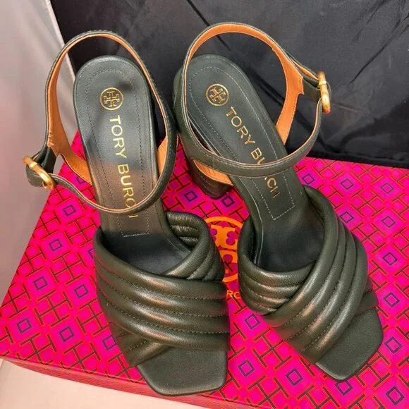 TORY BURCH Kira Quilted Block Heel Dark Seaweed Sandals size 8.5 - Picture 7 of 11